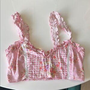 Pink Gingham Floral Lace Crop Top